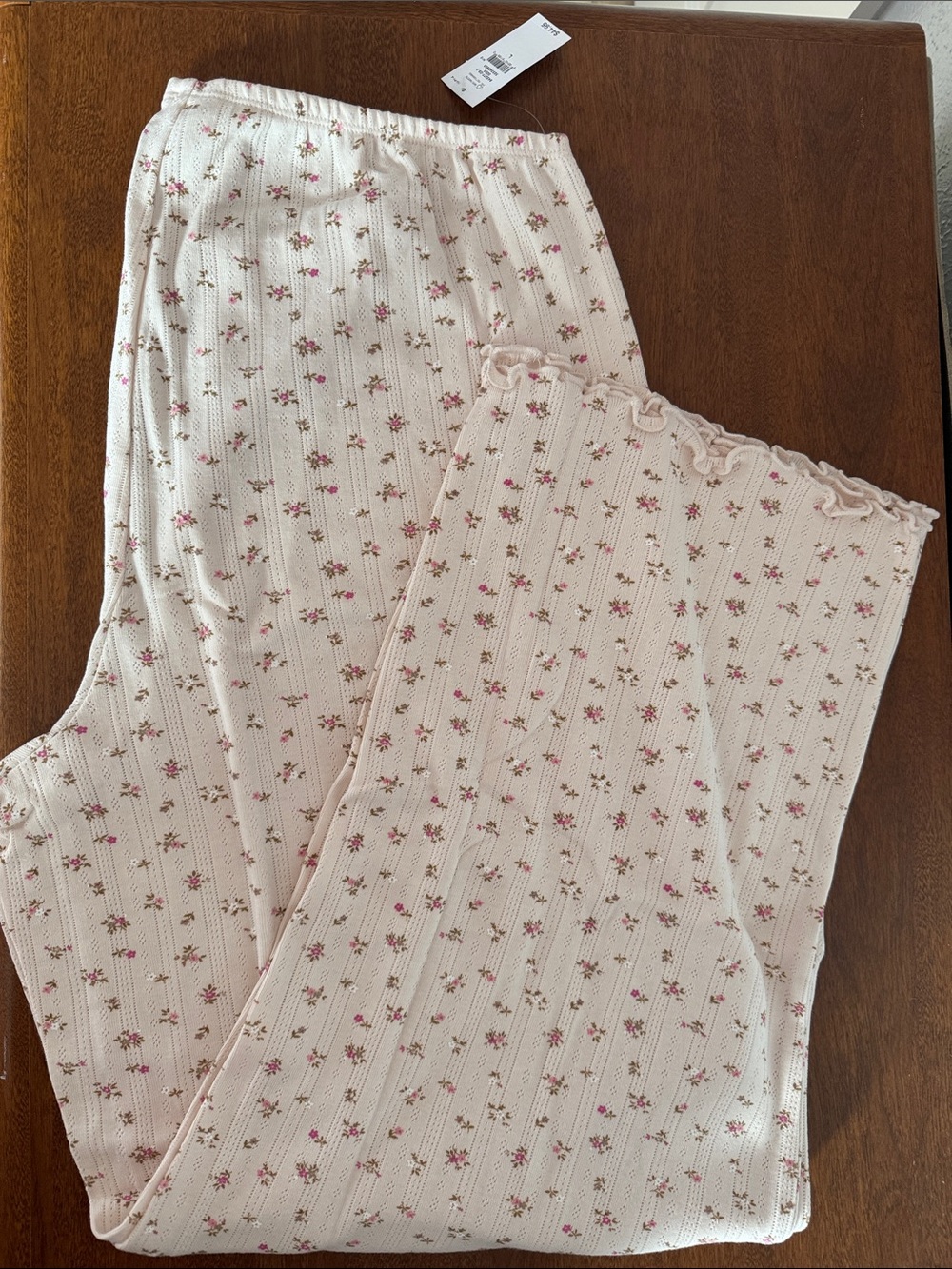 GAP Cream Ribbed Lounge Pants with Pink Rose Motif